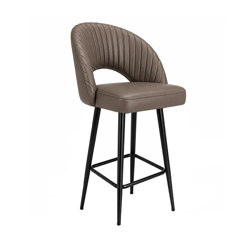 Angled view of grey ribbed bar chair with curved back and black legs