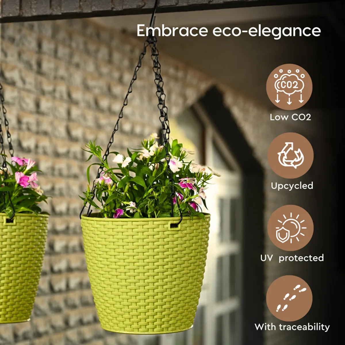 Green hanging planter with textured surface and chain hanger