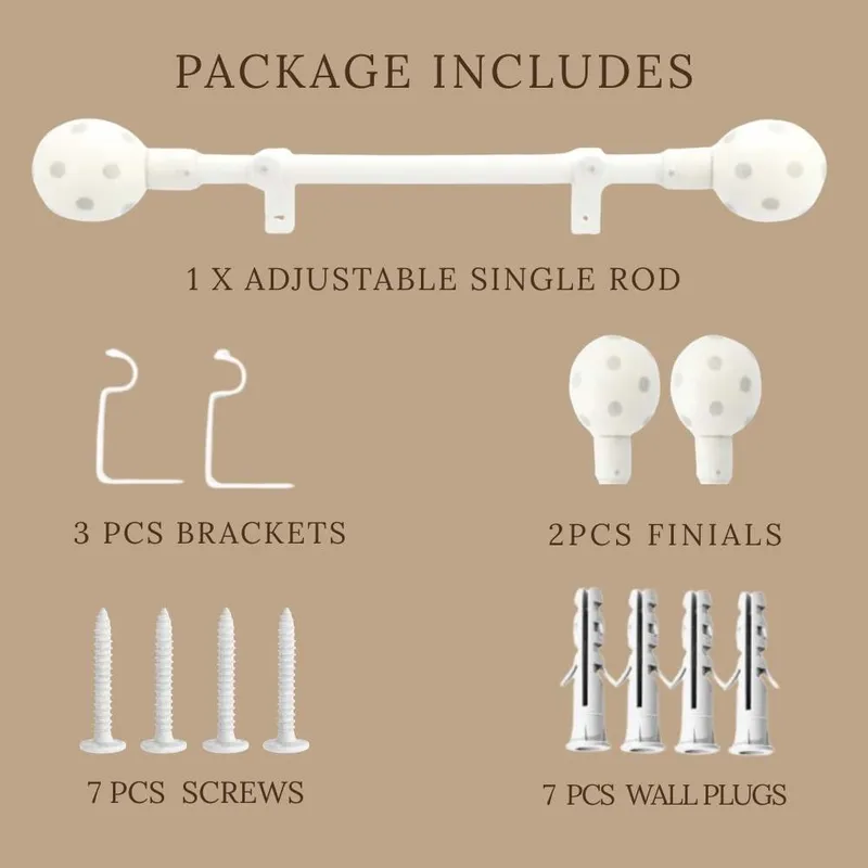 White curtain rod set with round finials and mounting accessories displayed