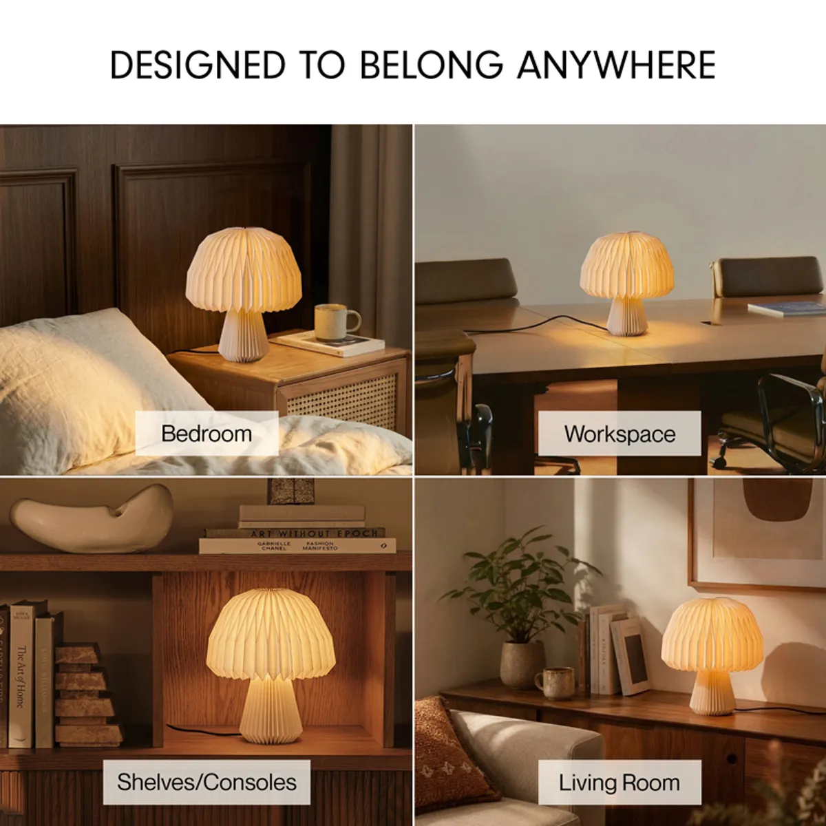 Pleated mushroom table lamp styled in bedroom, workspace, shelf and living room settings