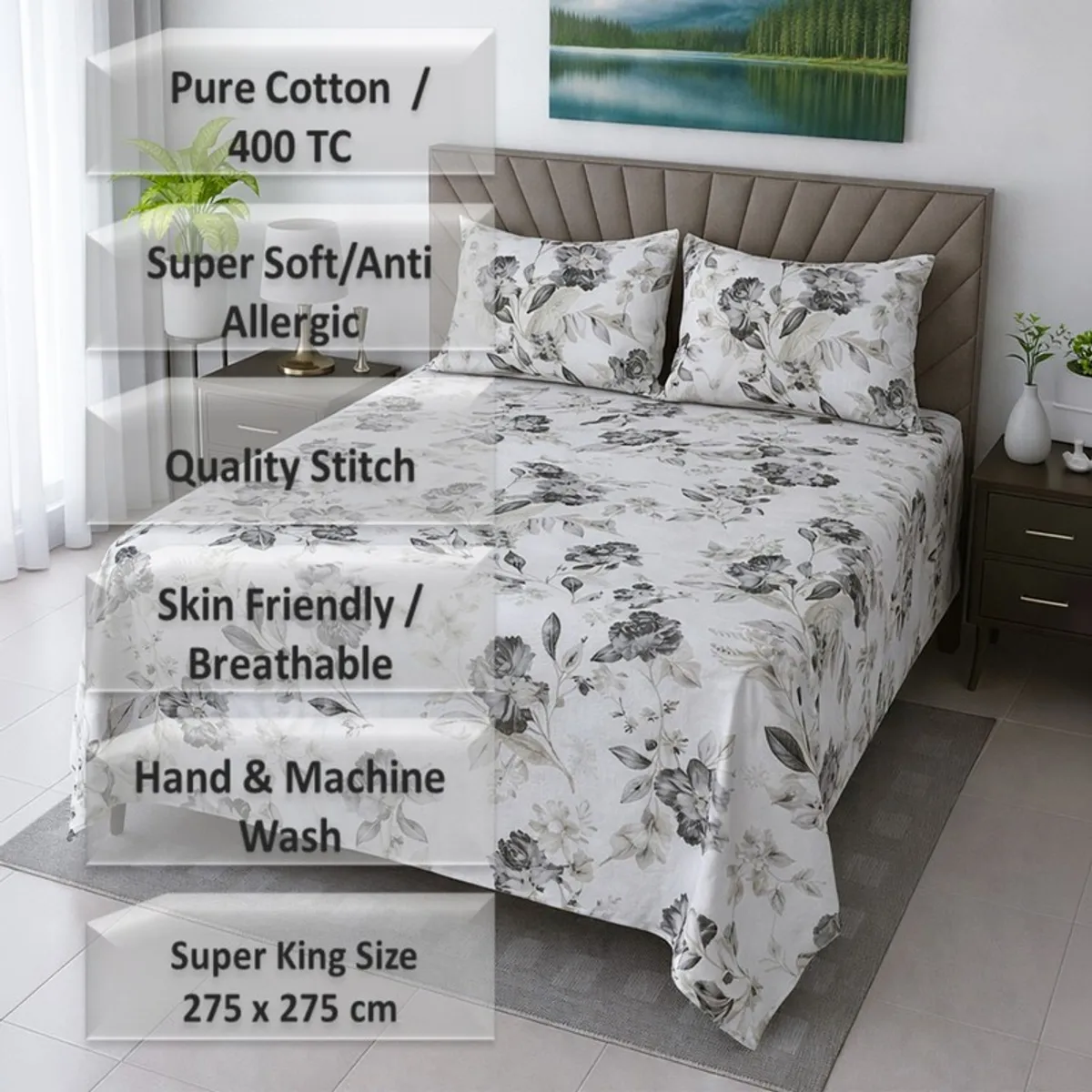 White floral bedsheet on a bed with two matching pillow covers