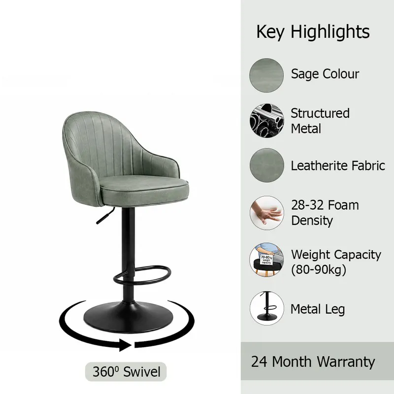 Grey ribbed bar chair with black base shown in a product highlight graphic