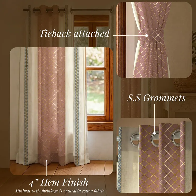 Pink and off-white curtains with gold pattern styled on a window