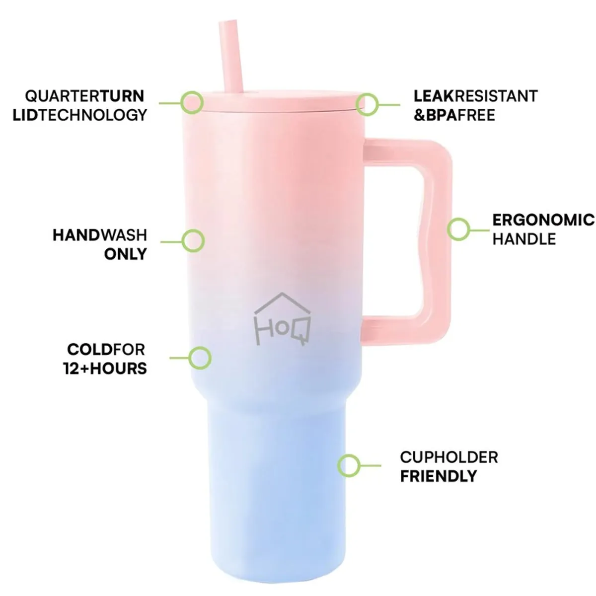 Pink and blue tumbler showing leak-resistant, handwash and cup-holder features