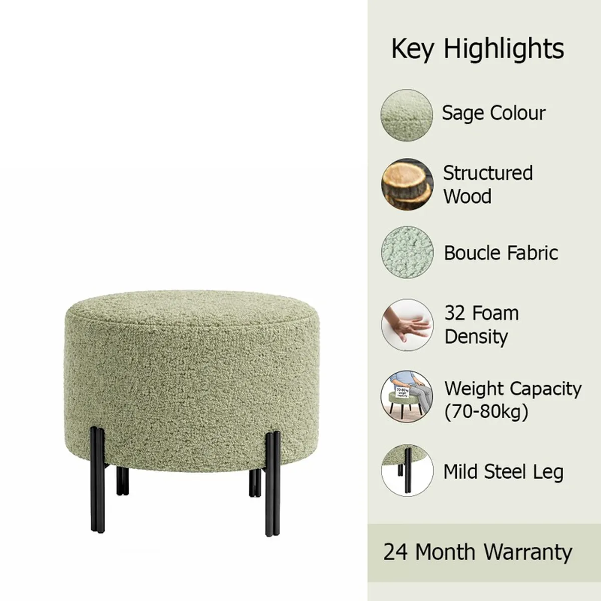 Round sage green ottoman shown with feature highlights graphic