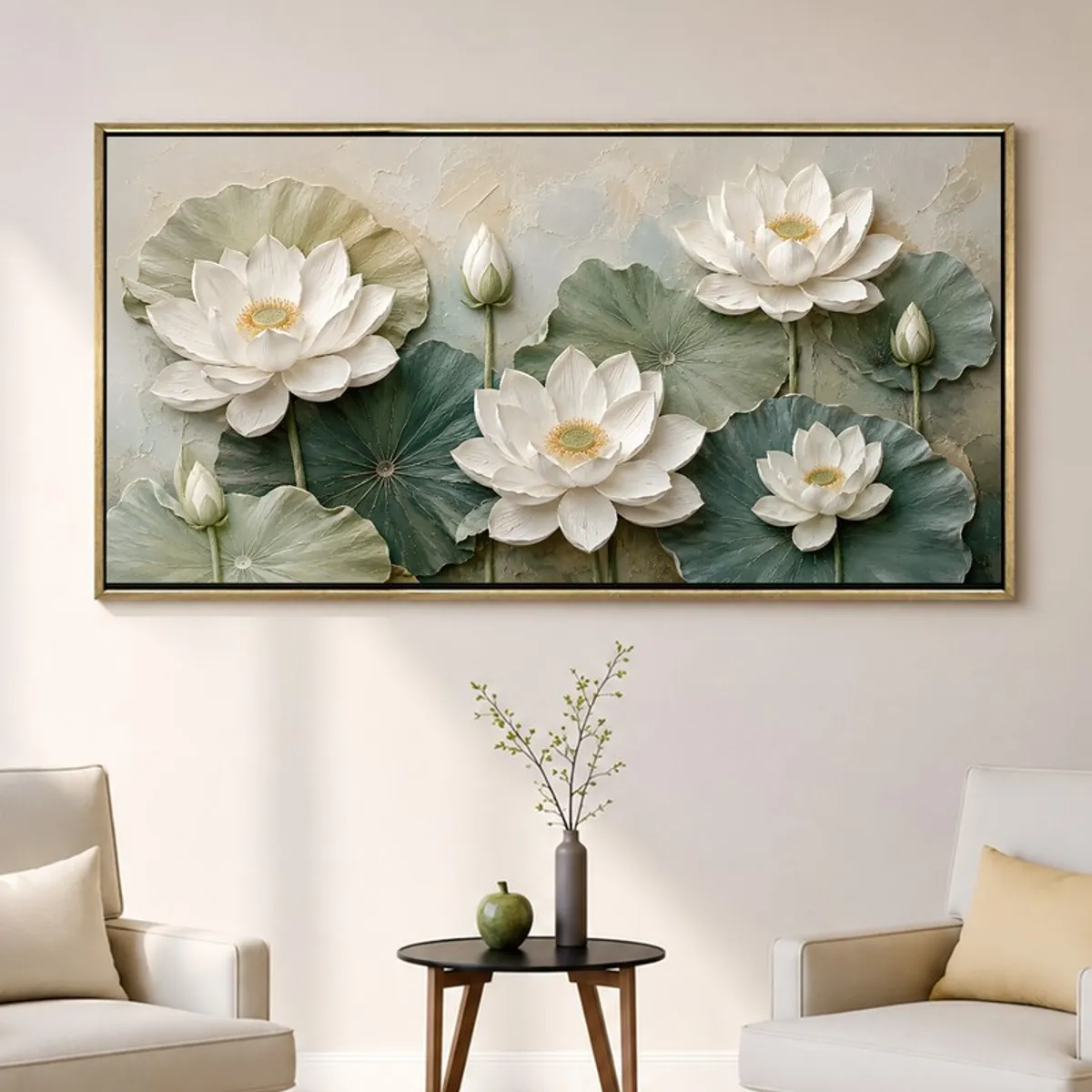 Wide lotus bloom wall art with white flowers and green leaves in a gold frame
