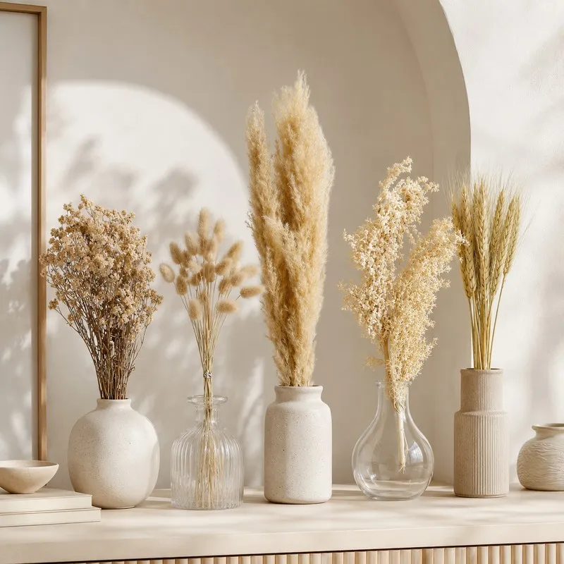 Five beige dried flower arrangements displayed in varied vases against a light wall.