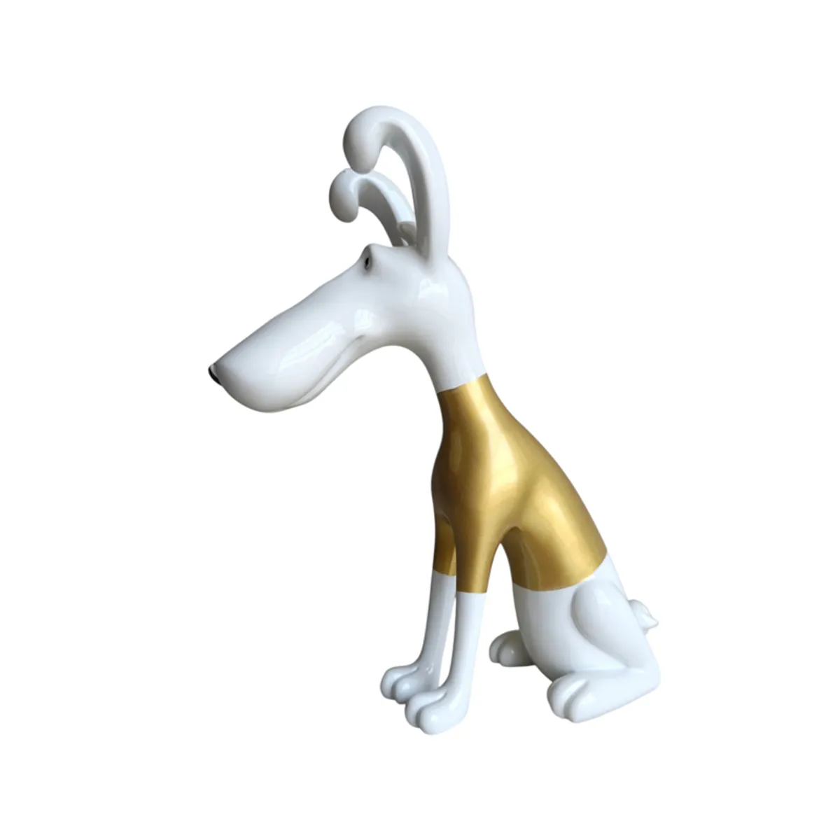 Side view of the white and gold hound showpiece