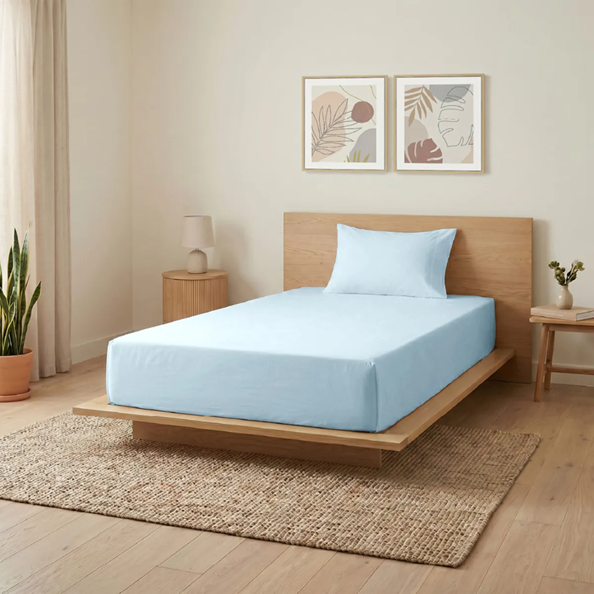 Pale blue bedsheet and pillow cover arranged on a wooden bed in a bright bedroom