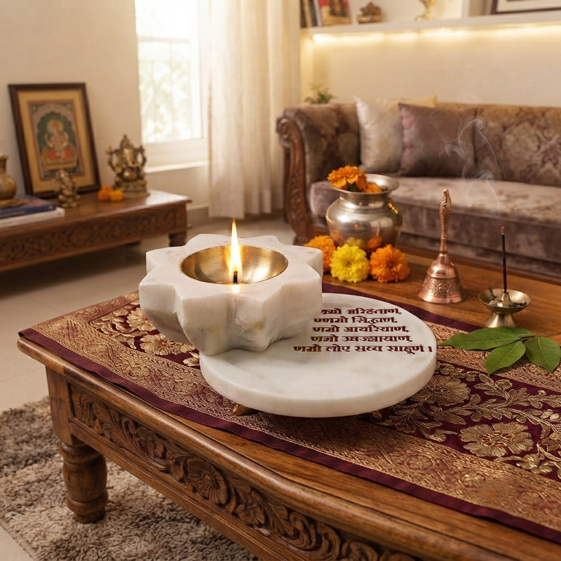 Sacred Bloom Marble Diya With Pooja Chowki - Two Piece Set