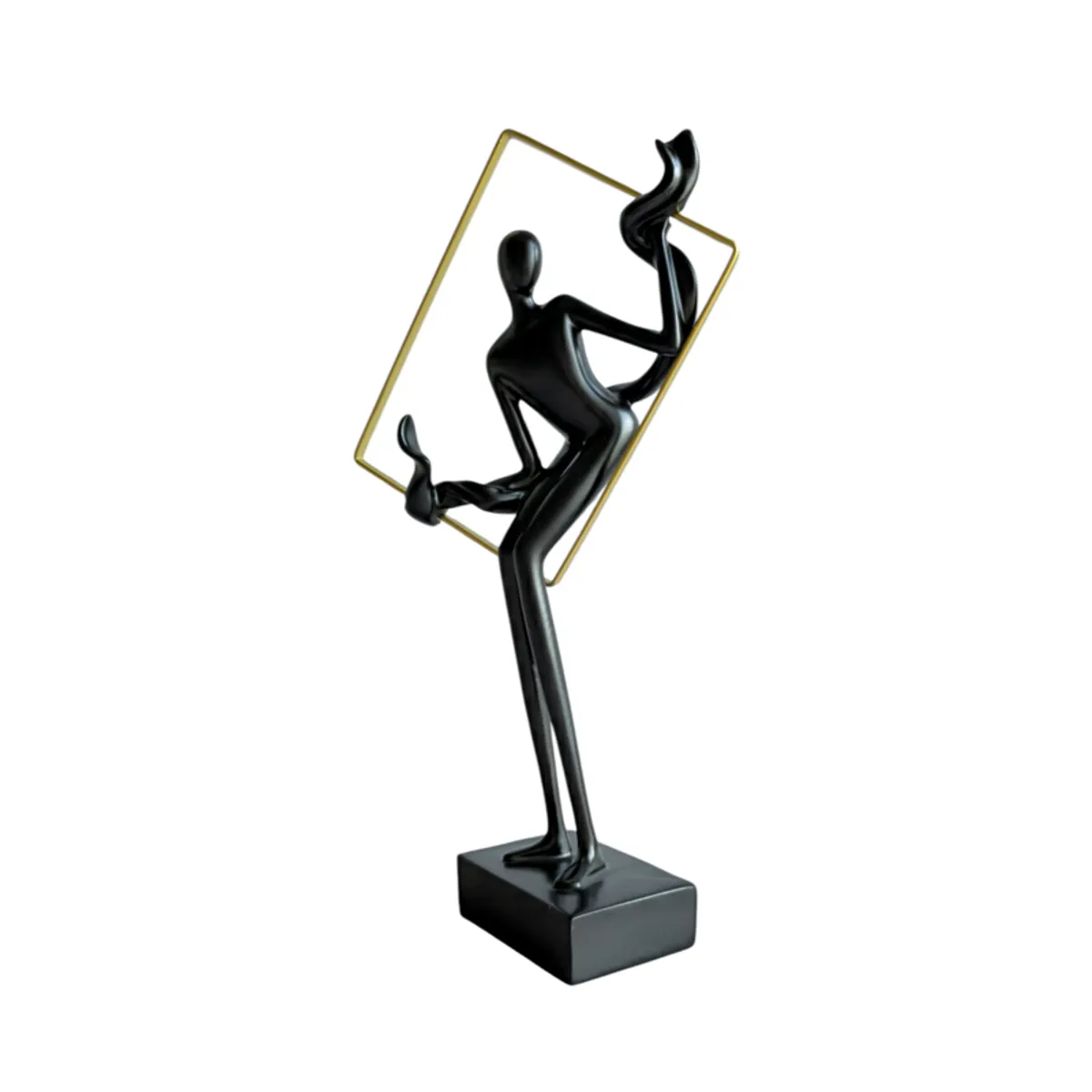 Angled view of a black figurine with a gold frame