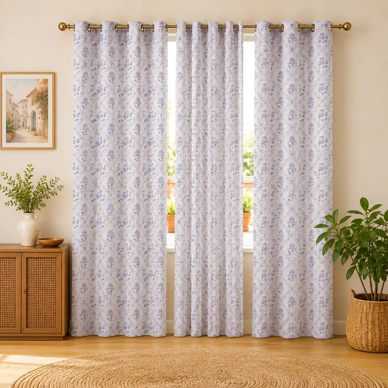 Dreamzy Printed Cotton Curtains (Blue) - Set of Three