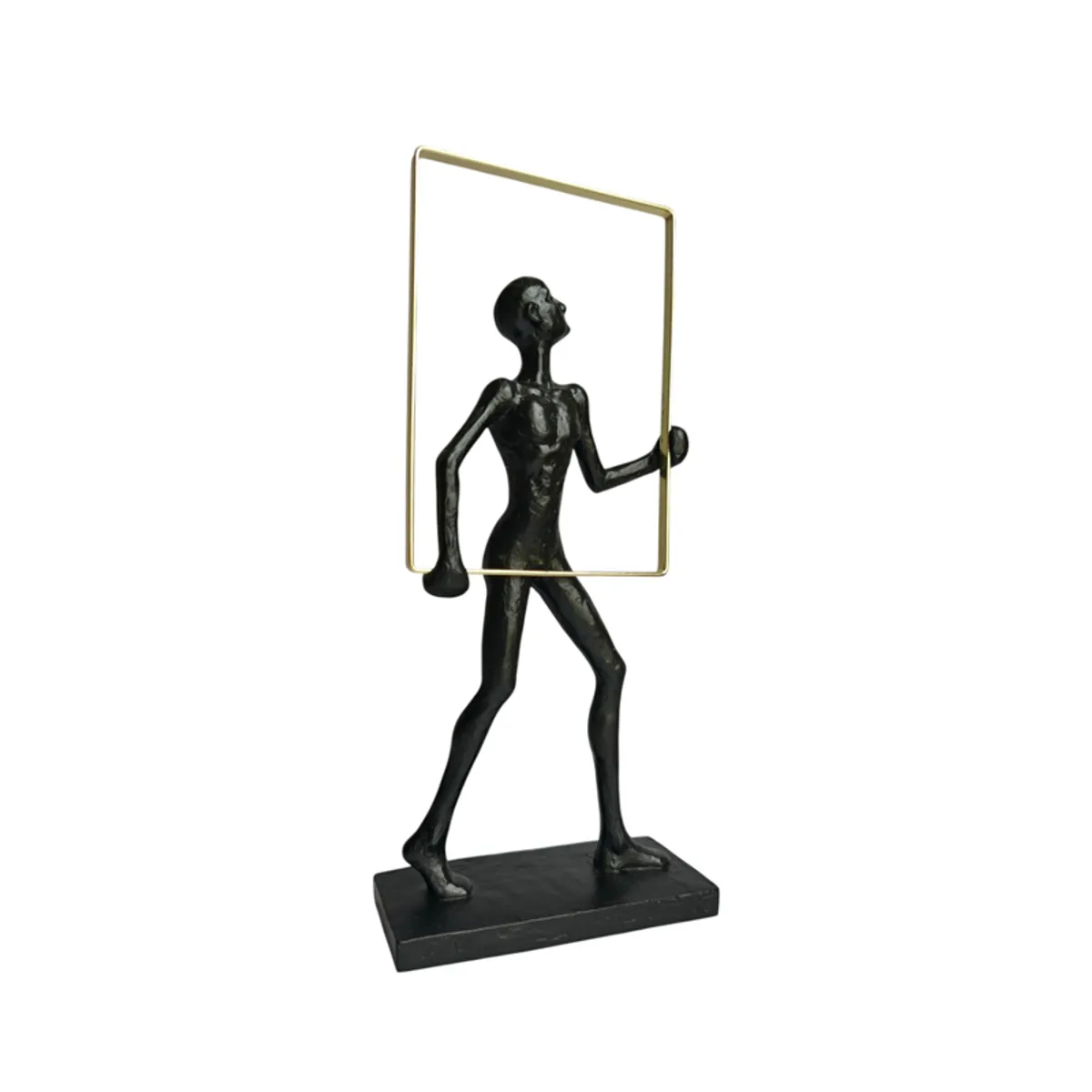 Angled view of a black abstract human figurine with a gold rectangular frame