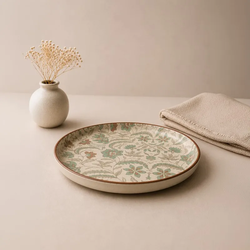 Single round ceramic dinner plate with green and beige floral detailing