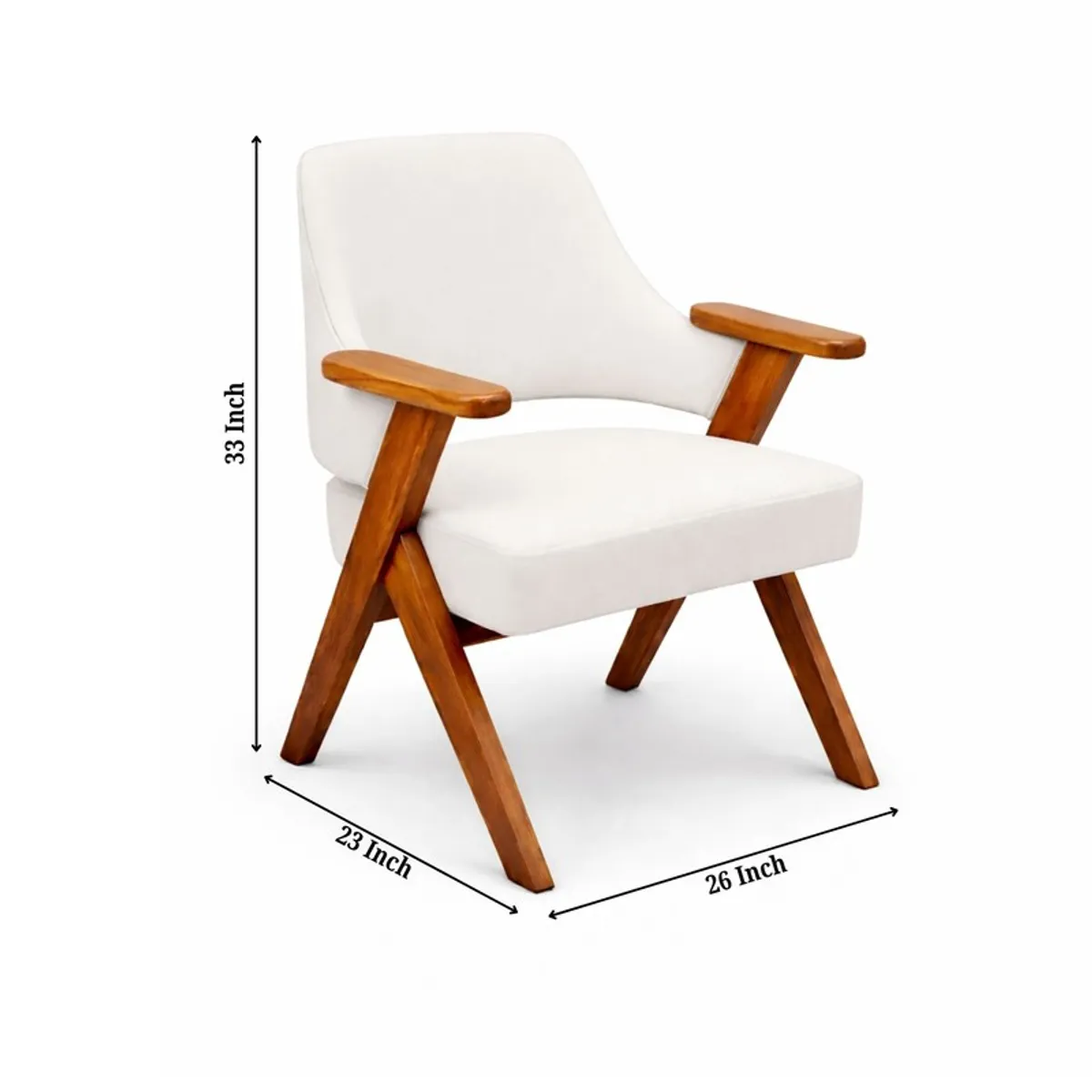 White velvet accent chair with teak wood frame in a minimal product view
