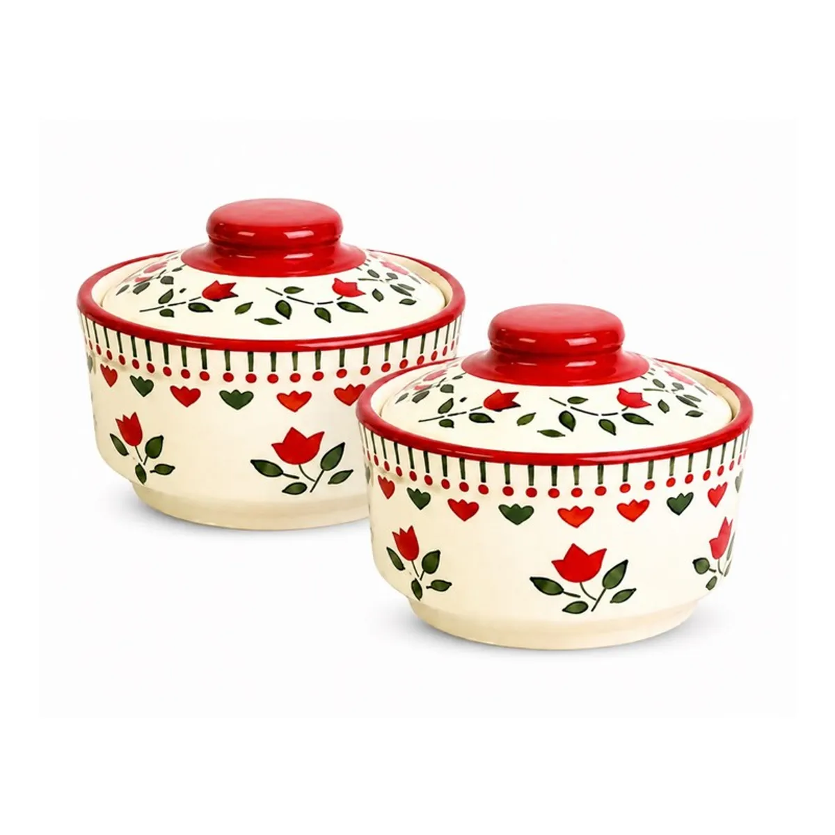 Two round cream ceramic bowls with red floral and heart motifs on a white background.