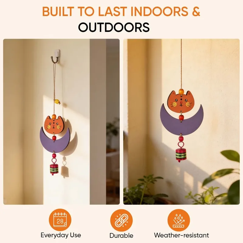 Cat windchime displayed in indoor and outdoor-looking settings.