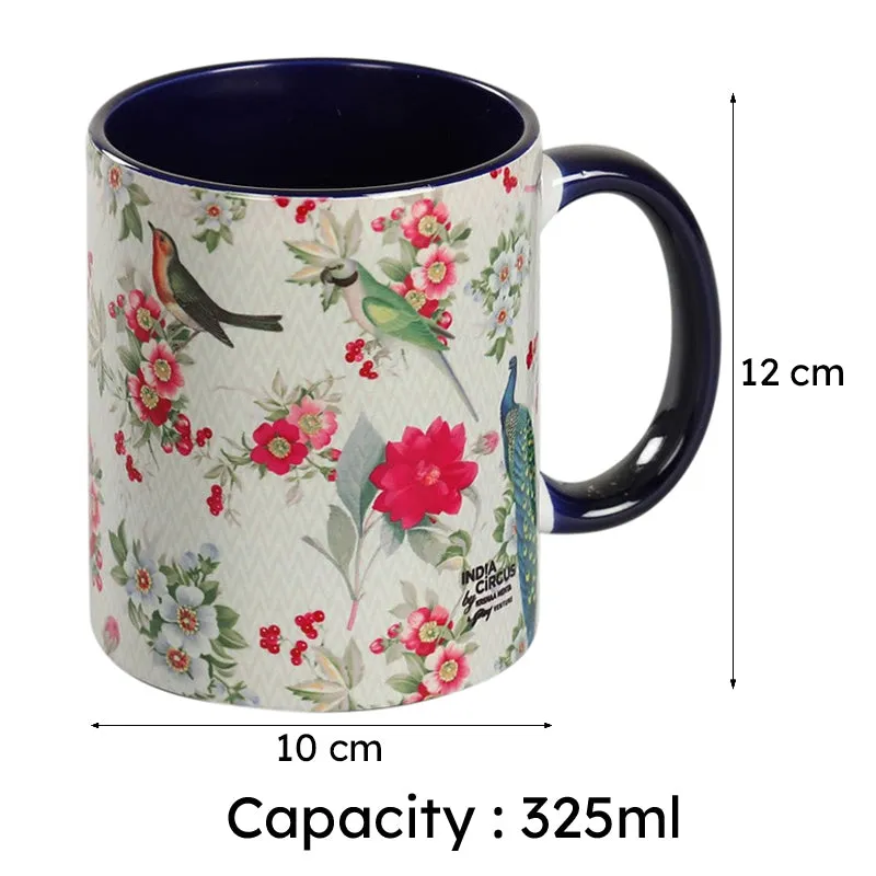 Floral coffee mug shown with dimension markings and 325 ml capacity