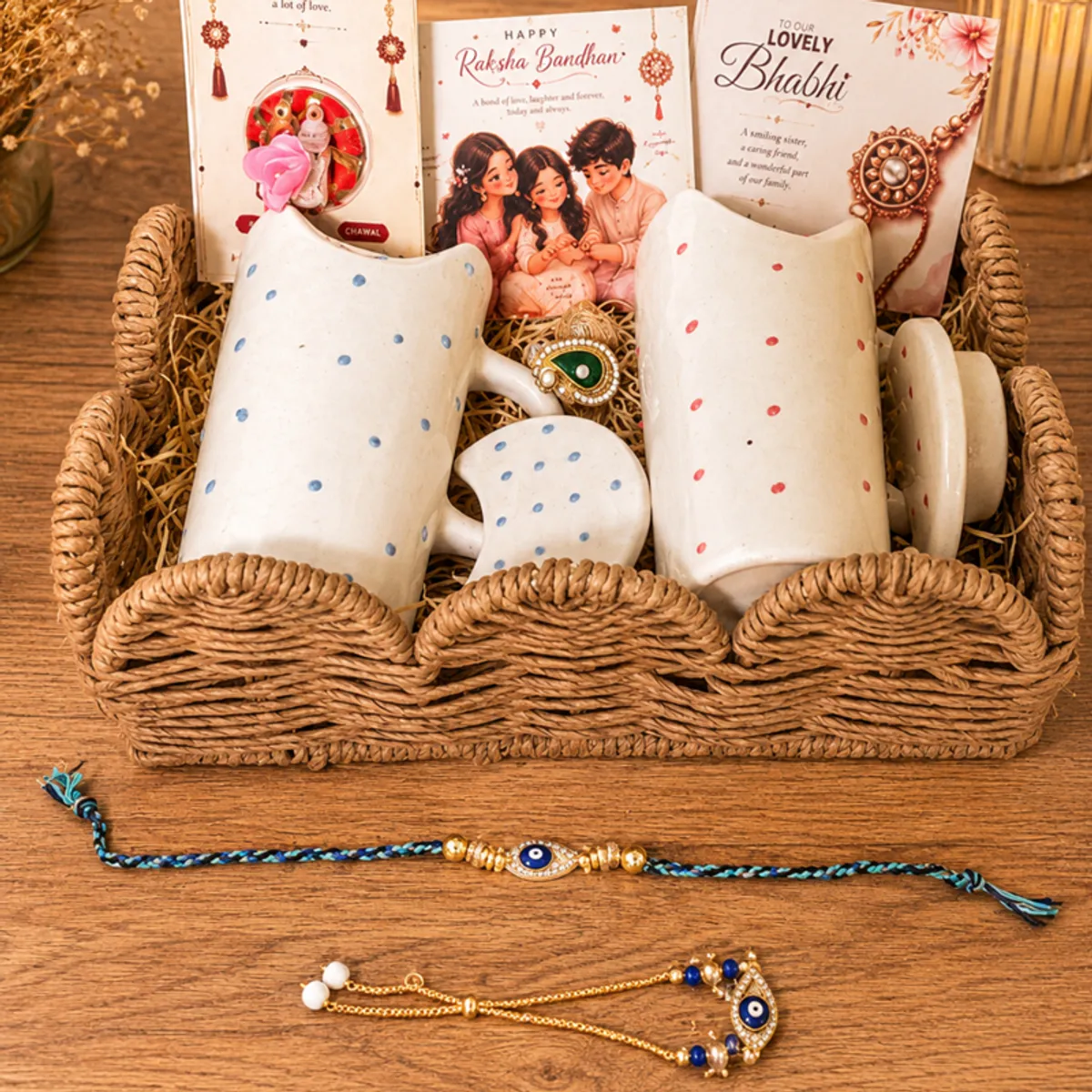Open Rakhi hamper showing ceramic sippers, cards, rakhis and a woven basket