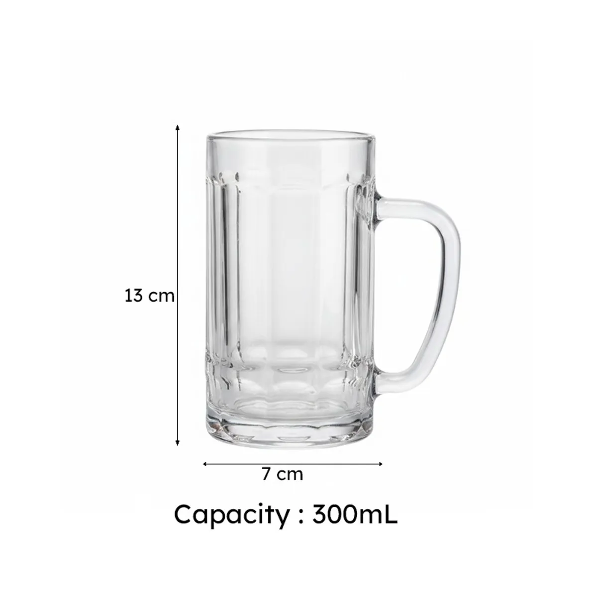 Clear glass beer mug shown with measurements of 7 cm and 13 cm