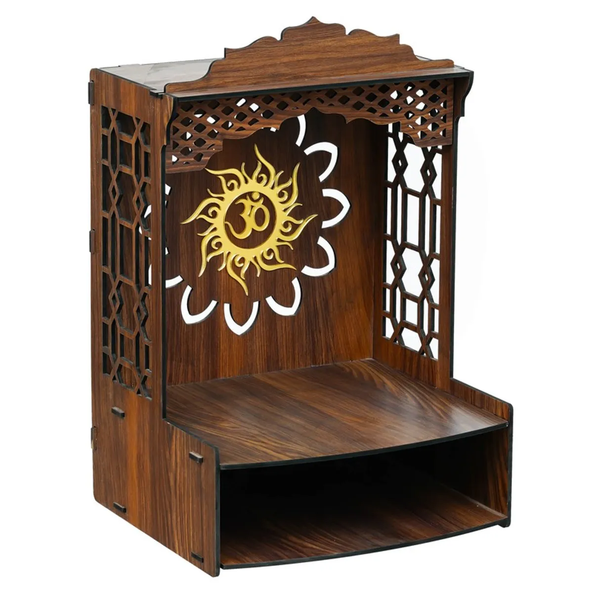 Angled studio view of wooden mandir with carved lattice sides