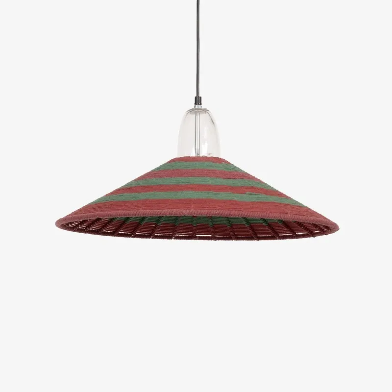 Front view of festive striped ceiling lamp with wide conical shade