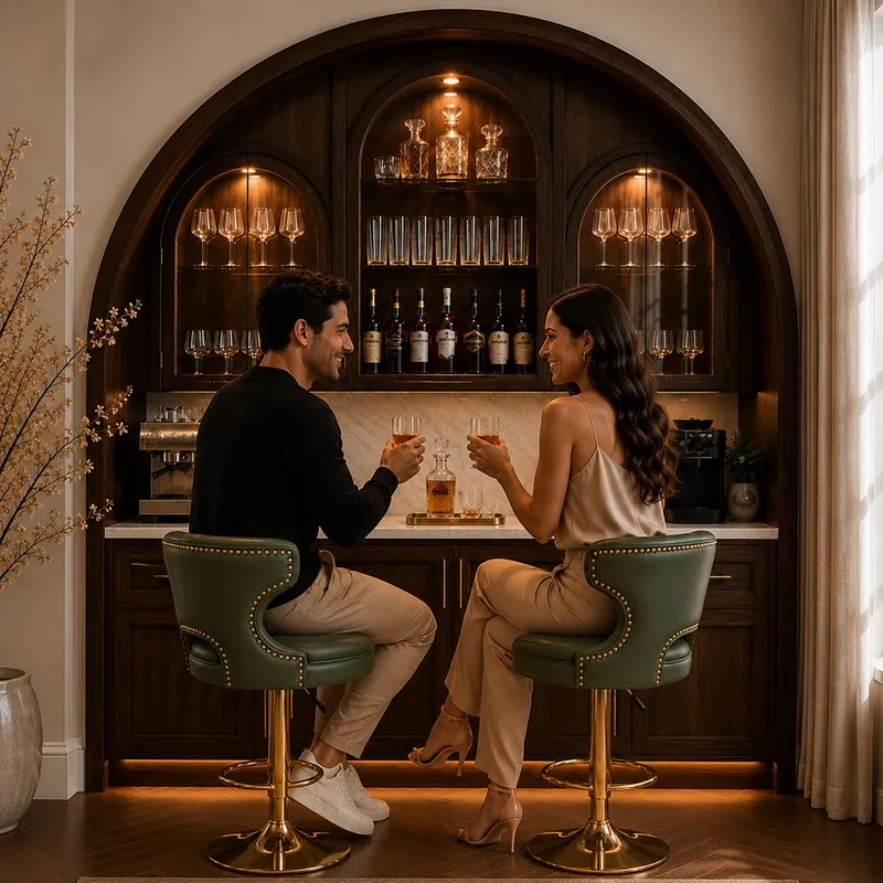Two green swivel bar stools arranged at a home bar