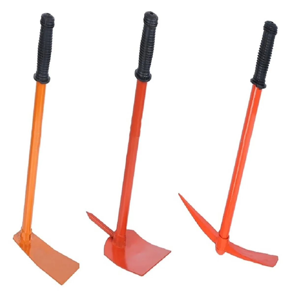 Set of three orange garden tools with black handles on a white background