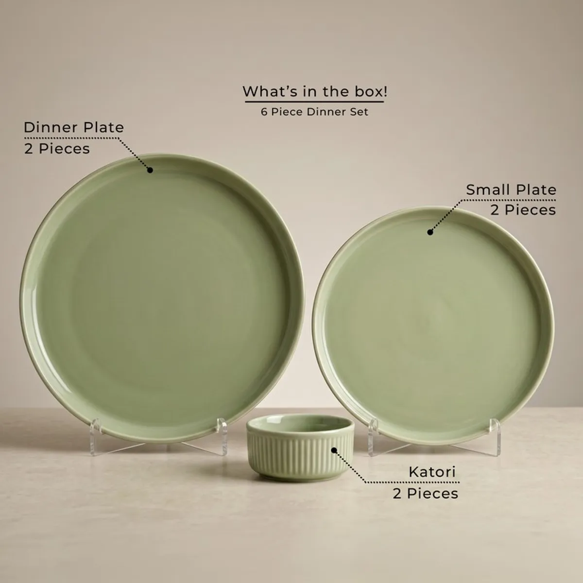 Sage green dinner plate, side plate and ribbed bowl from the 6-piece set