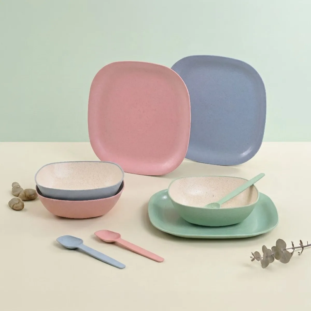 Multicolour pastel dinner set with square plates, bowls and spoons