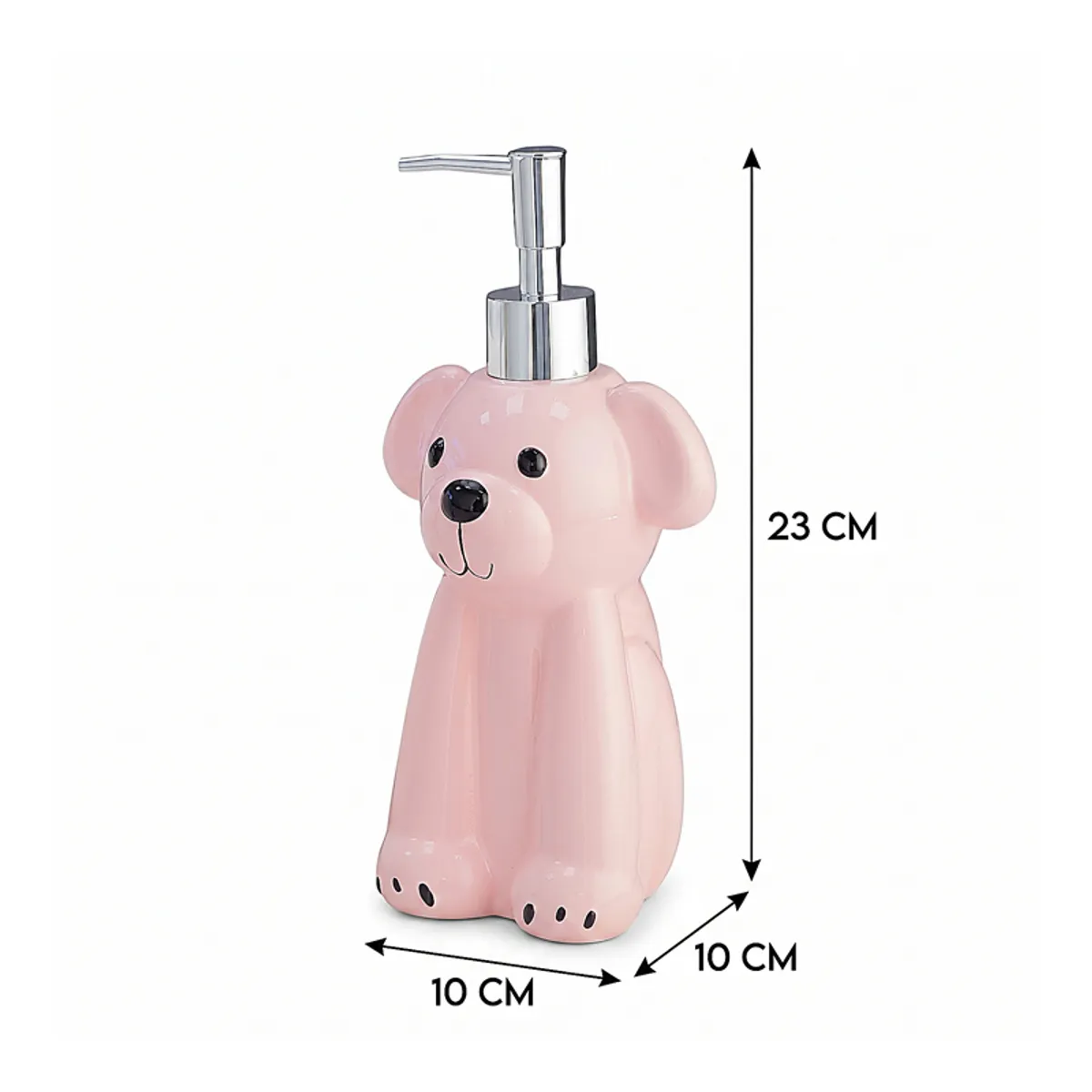 Pink dog-shaped liquid dispenser with dimension arrows on a white background