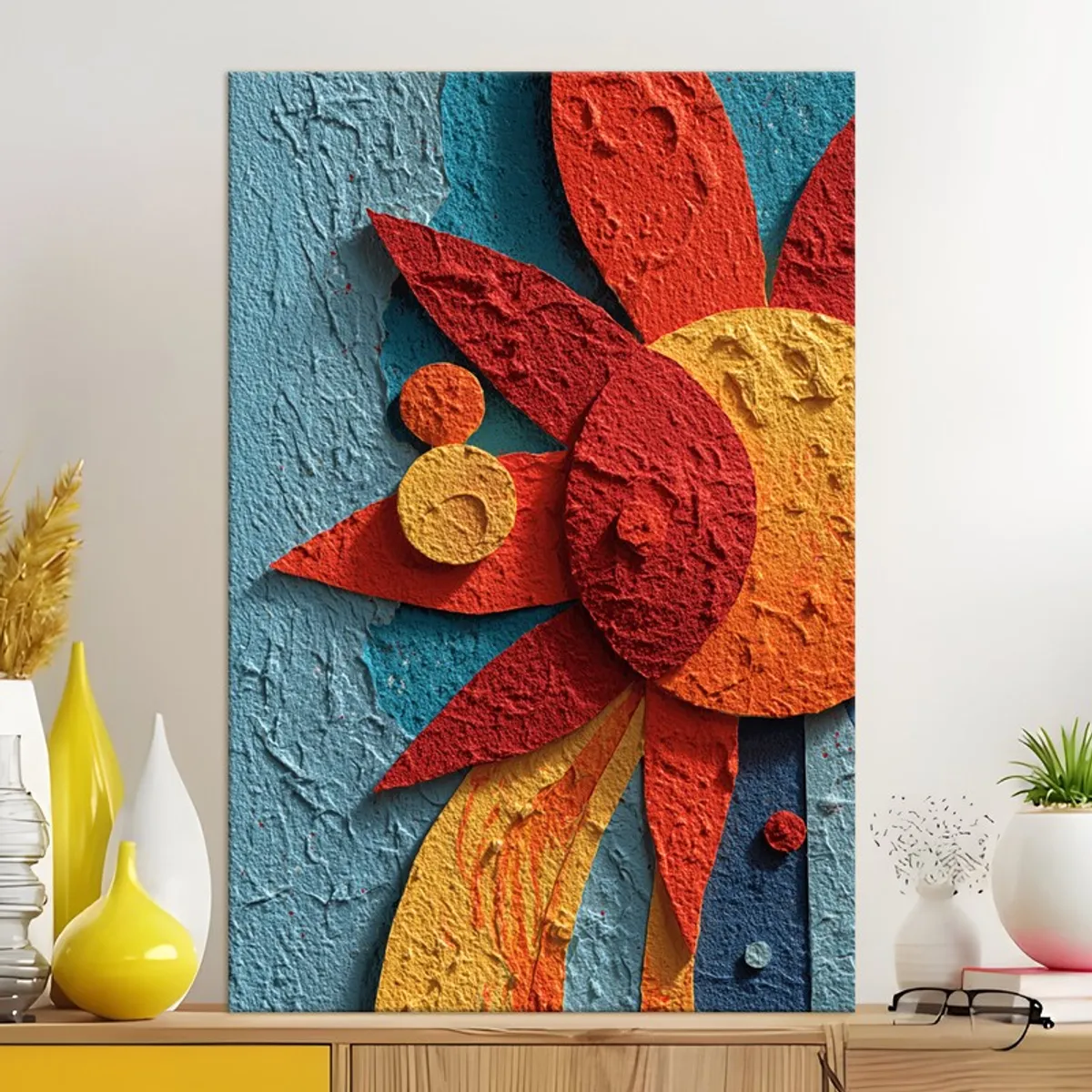 Large textured sun-inspired wall painting displayed above a console