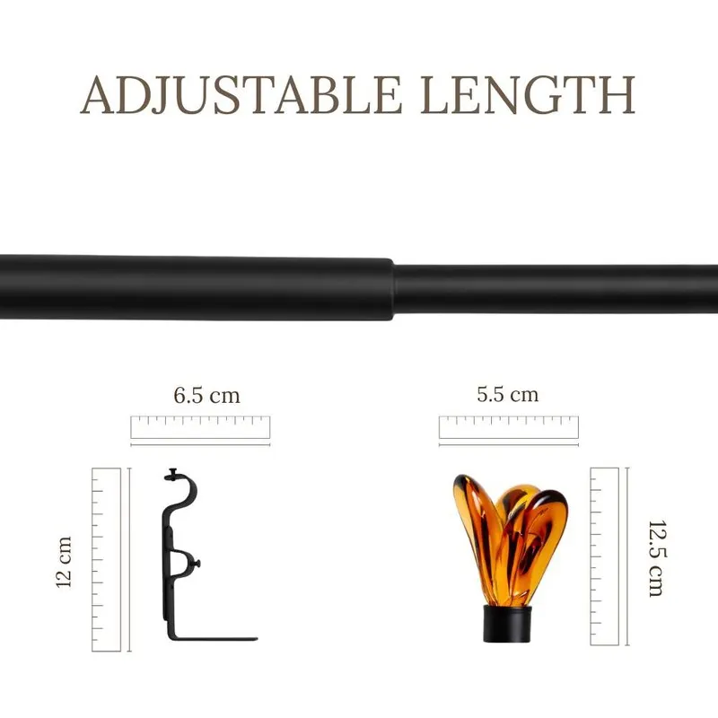 Black extendable curtain rod shown with measurement illustrations and finial