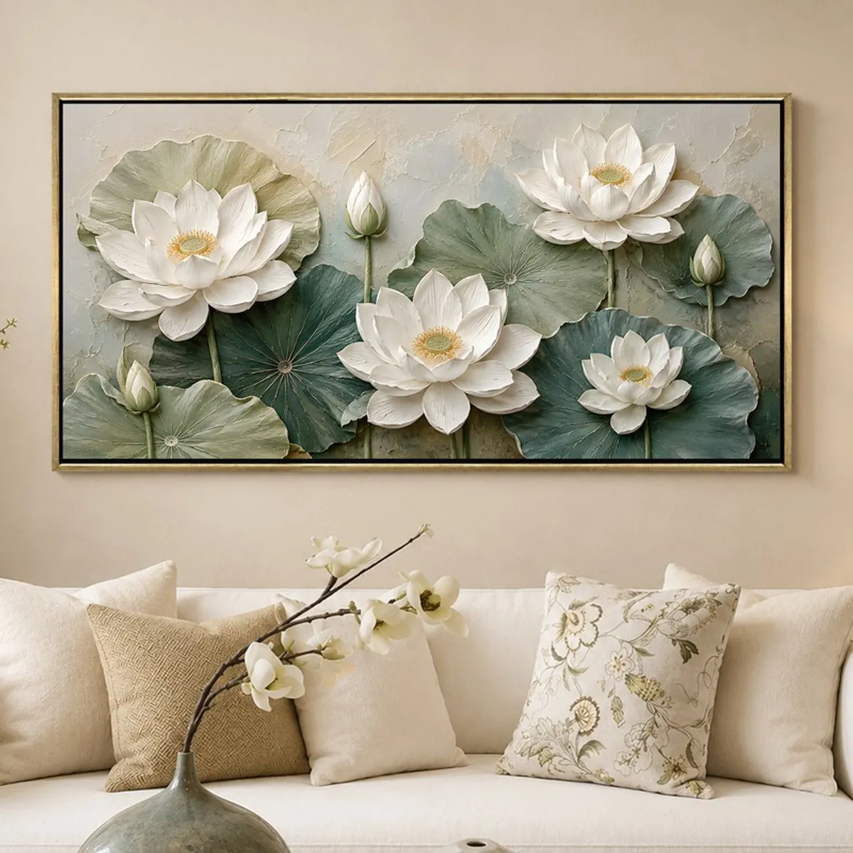 Large white lotus floral wall painting in a gold frame displayed above a white sofa