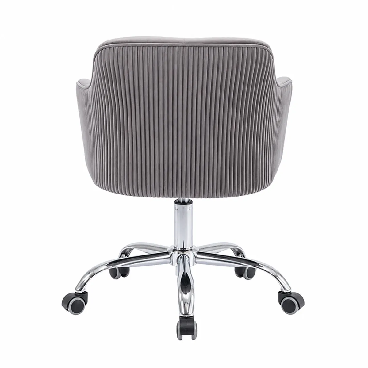 Rear view of a grey office chair with full ribbed upholstery and metal base
