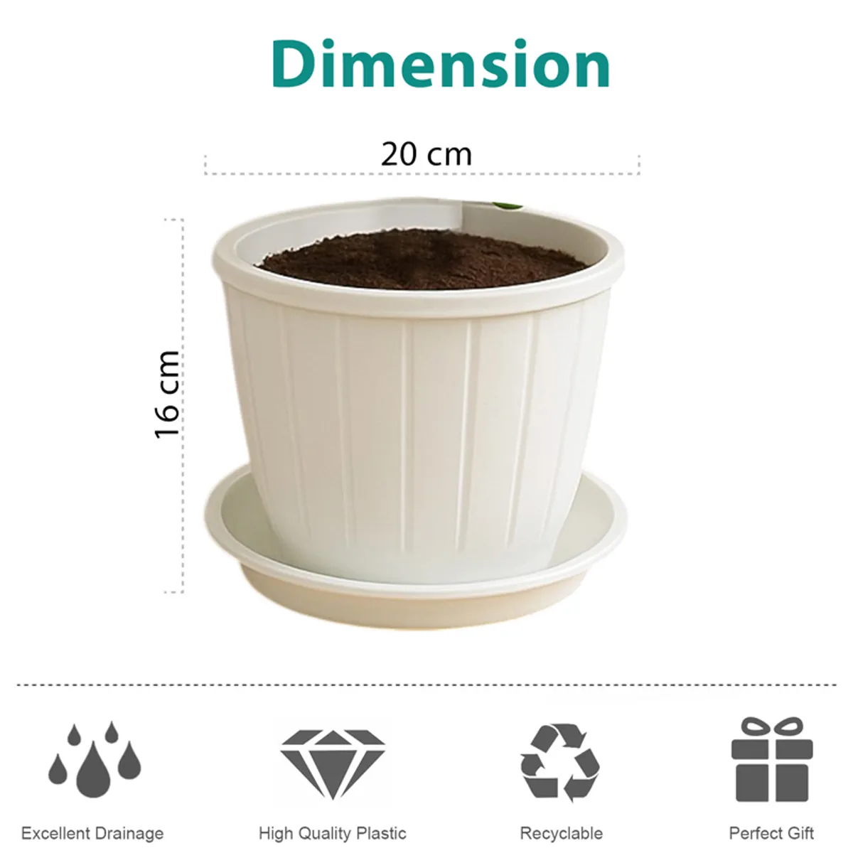 White ribbed planter with a matching tray and dimension markings