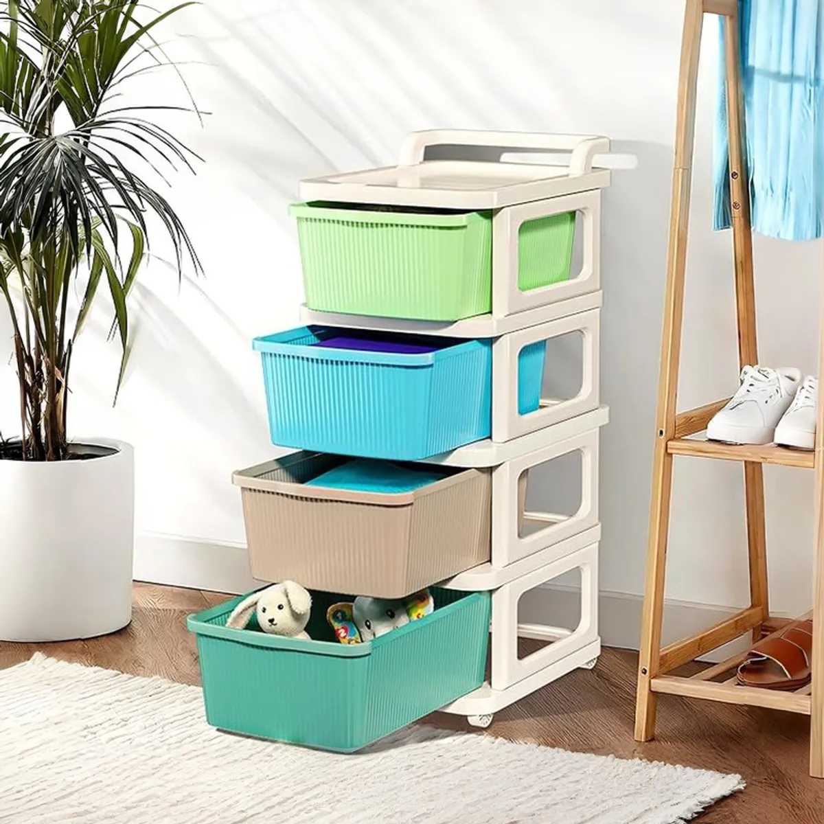 Four-tier colourful storage rack with an open drawer in a bright room
