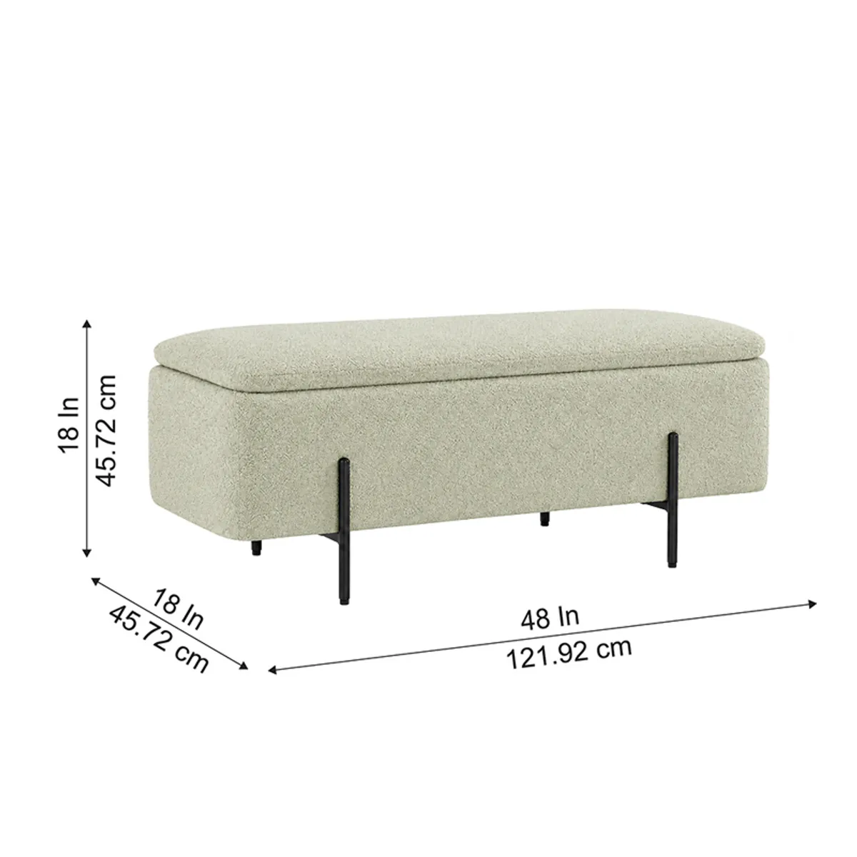 Sage green bench shown in perspective with its overall dimensions