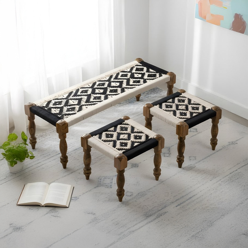 Calrix Sheesham Wooden Bench with Stools (Black,White) - Three Piece Set
