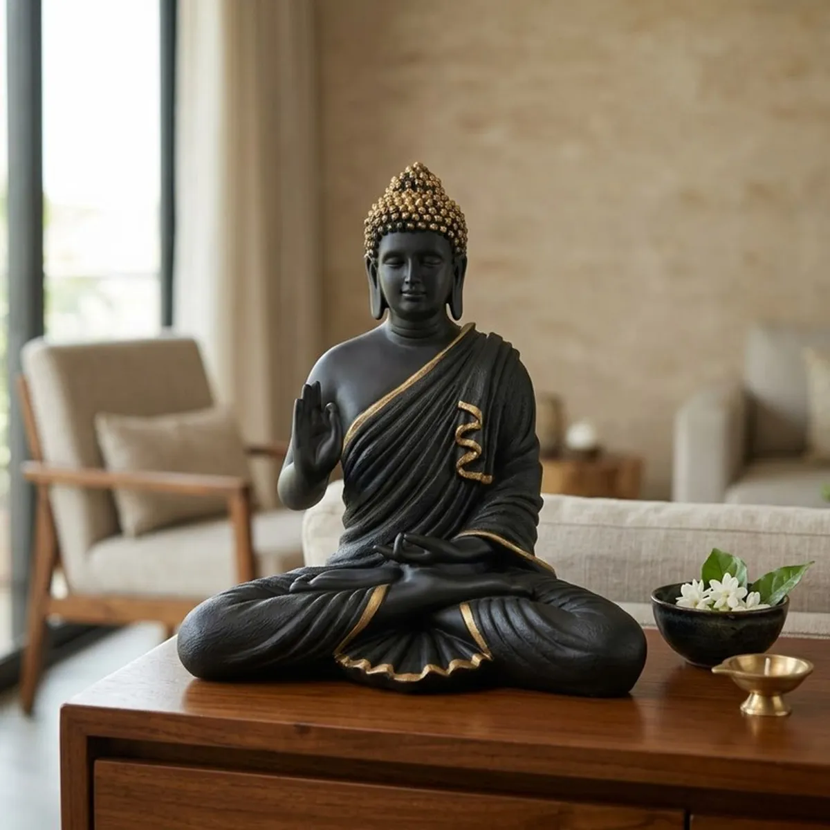 Black and gold meditating Buddha idol styled on a living room table