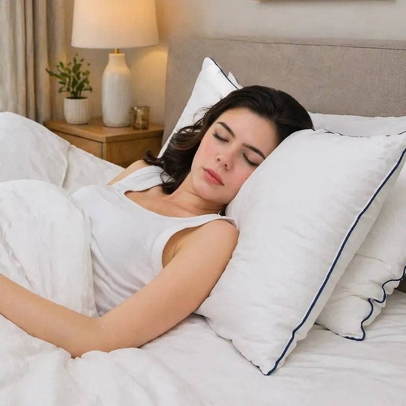 Person sleeping on a white pillow filler in a bedroom