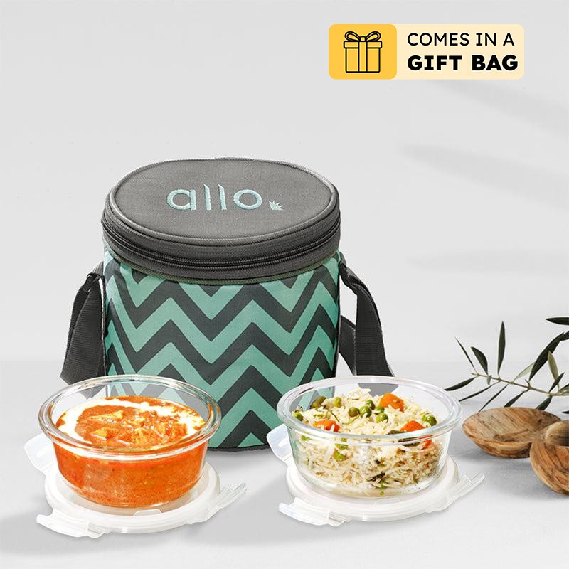 Oliva Round Glass Lunch Box With Zigzag Lunch Bag (400 ML) - Three Piece Set - 400 ML