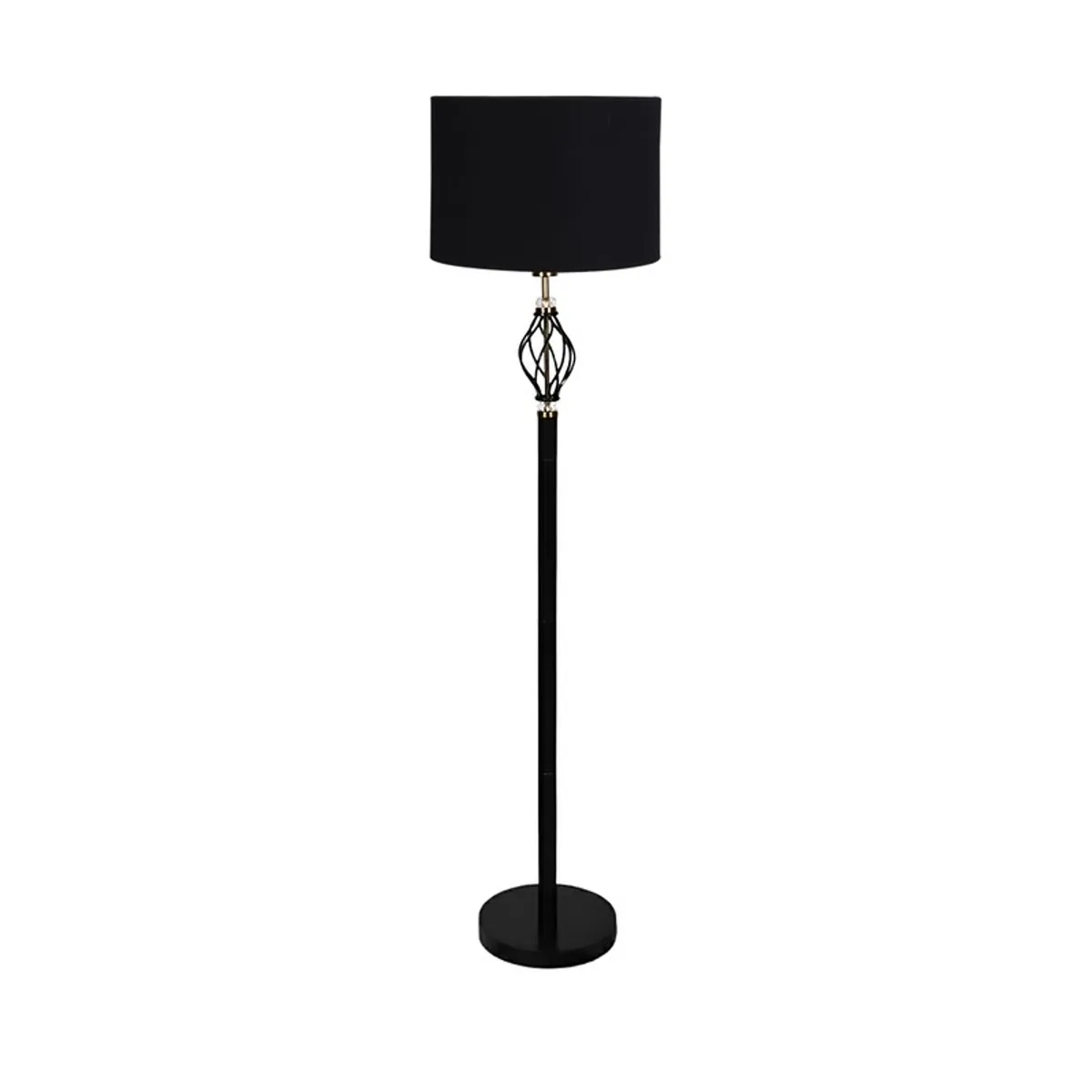 Full view of black floor lamp with drum shade on a white background