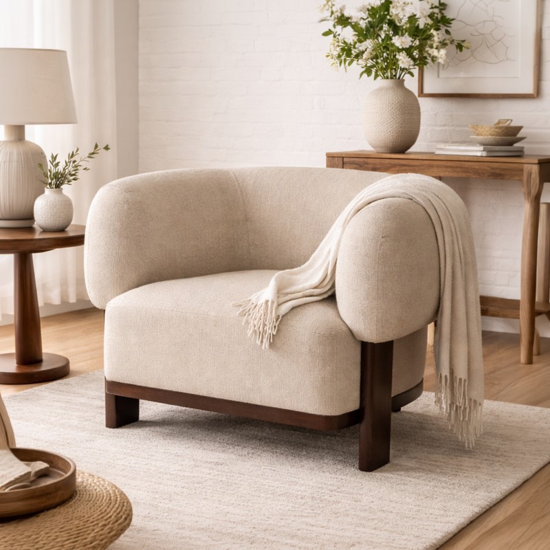 Orlique Teak Wood & Velvet Accent Chair
