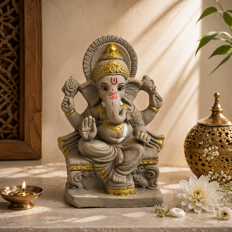Sacred Vinayaka Serenity Clay Idols & Sets - Beige,Gold