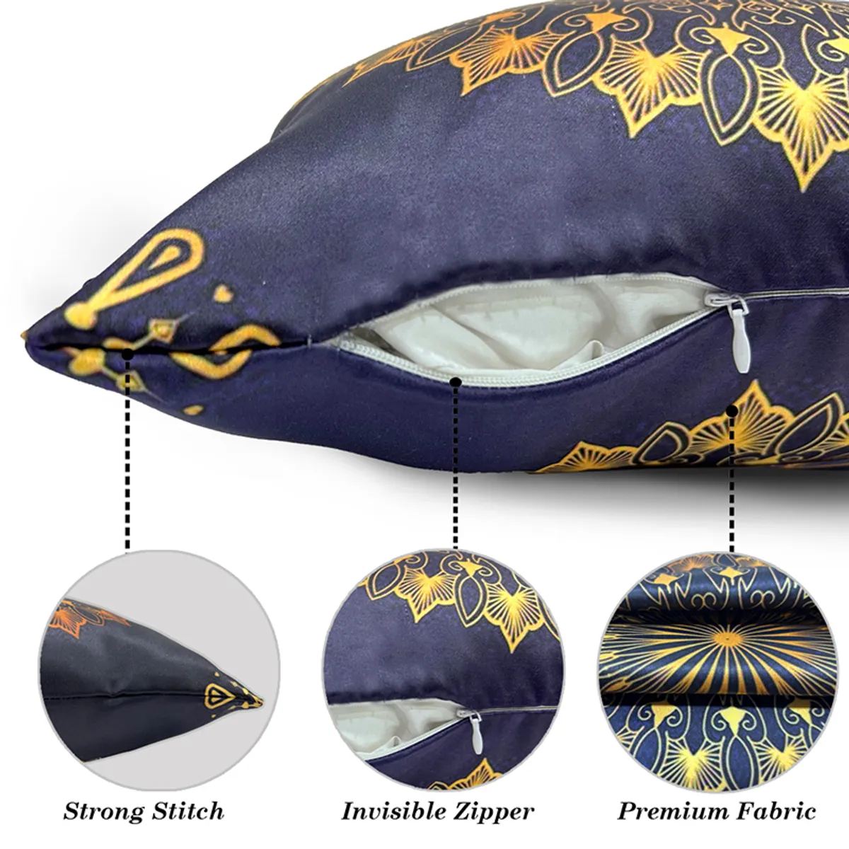Close view of a dark blue cushion cover showing its zip closure and printed fabric