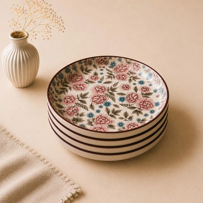 Close view of stacked round quarter plates with pink and blue floral pattern