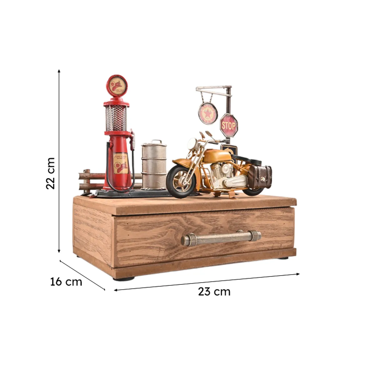 Dimension view of the wooden storage box showing 23 cm width, 16 cm depth and 22 cm height