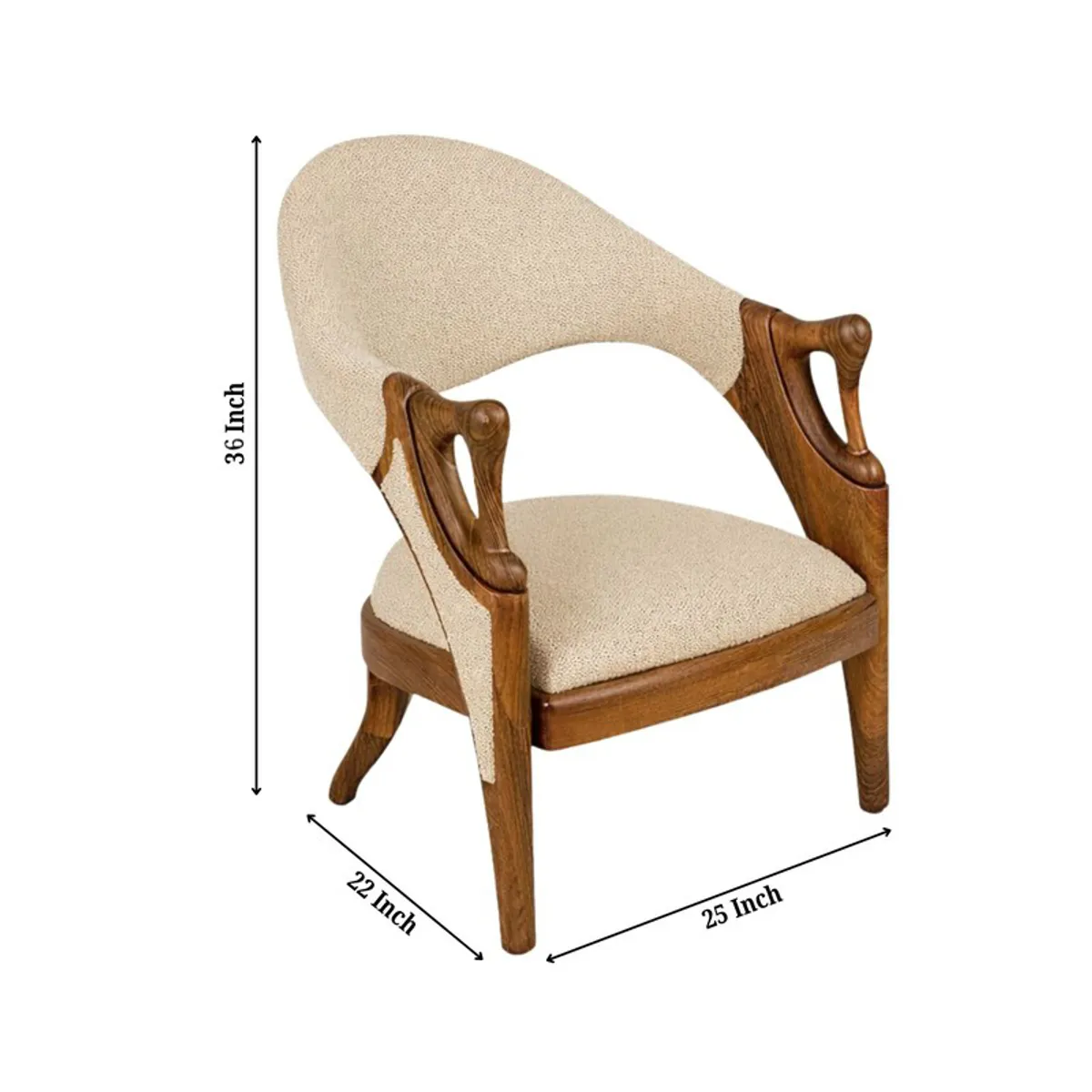 Beige accent chair shown with height, width and depth measurement arrows