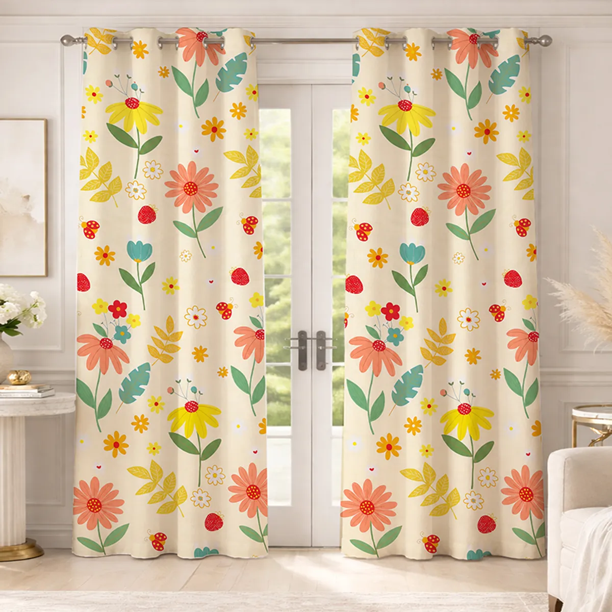 Set of two floral printed off-white curtains hung over glass doors